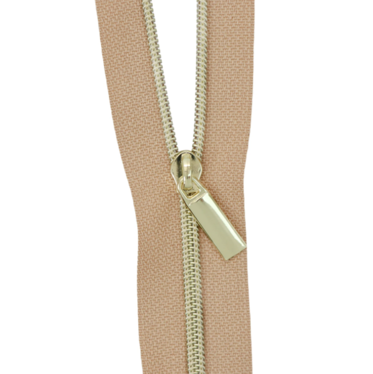 Natural #3 Nylon Gold Coil Zippers: 3 Yards with 9 Pulls
