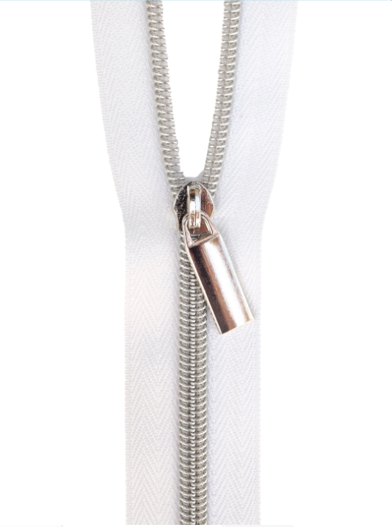 White #3 Nylon Nickel Coil Zippers: 3 Yards with 9 Pulls