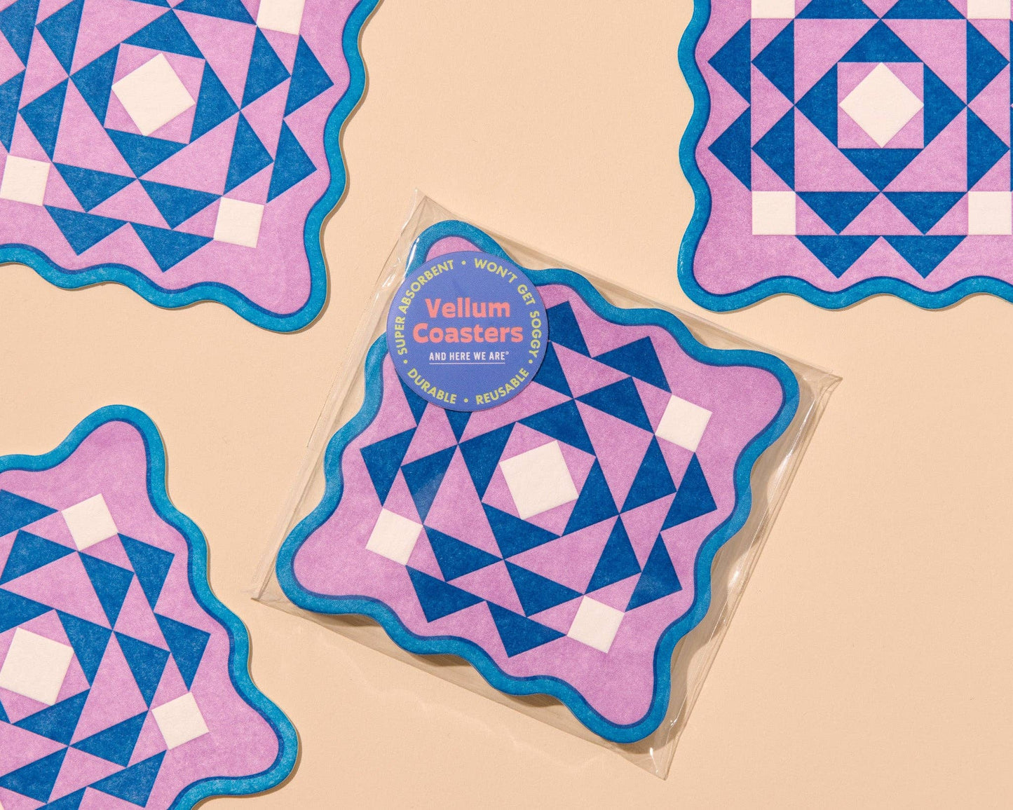 Letterpress Reusable Vellum Coasters—Kaleidoscope Lilac Blue