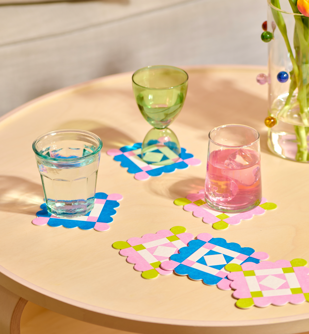 Letterpress Reusable Vellum Coasters—Liebchen Quilt Pink Gre