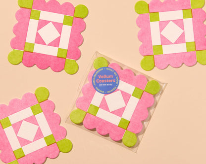 Letterpress Reusable Vellum Coasters—Liebchen Quilt Pink Gre