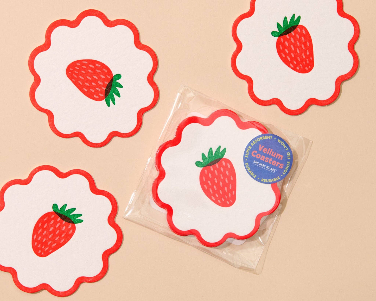 Letterpress Reusable Vellum Coasters—Strawberry (Fruit, Red)