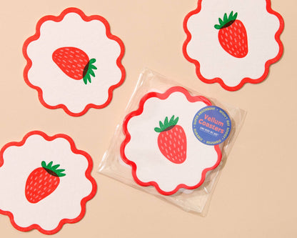 Letterpress Reusable Vellum Coasters—Strawberry (Fruit, Red)