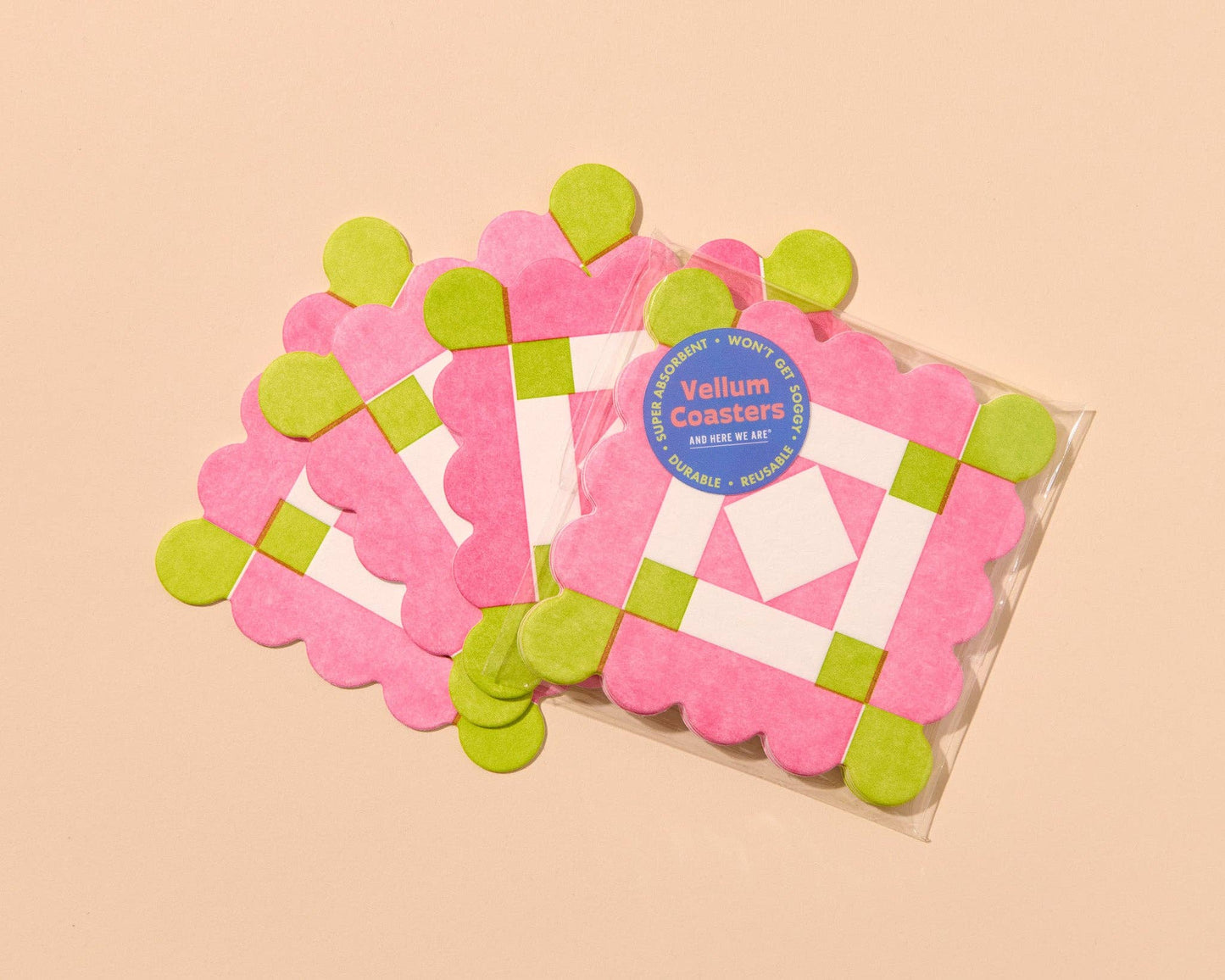 Letterpress Reusable Vellum Coasters—Liebchen Quilt Pink Gre