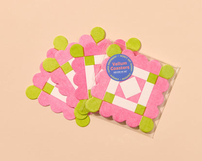 Letterpress Reusable Vellum Coasters—Liebchen Quilt Pink Gre