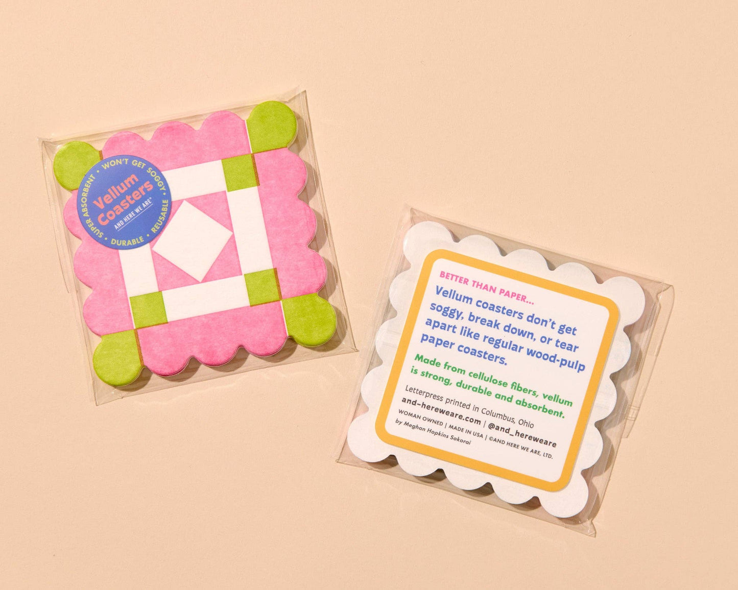 Letterpress Reusable Vellum Coasters—Liebchen Quilt Pink Gre
