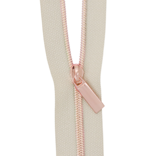 Beige #3 Nylon Rose Gold Coil Zippers: 3 Yards with 9 Pulls