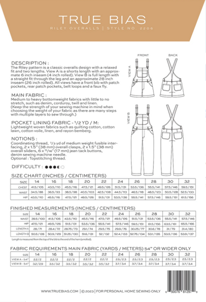 Riley Overall Pattern Sizes 14-32