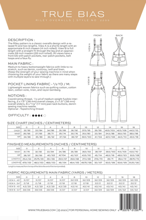 Riley Overall Pattern Sizes 0-14