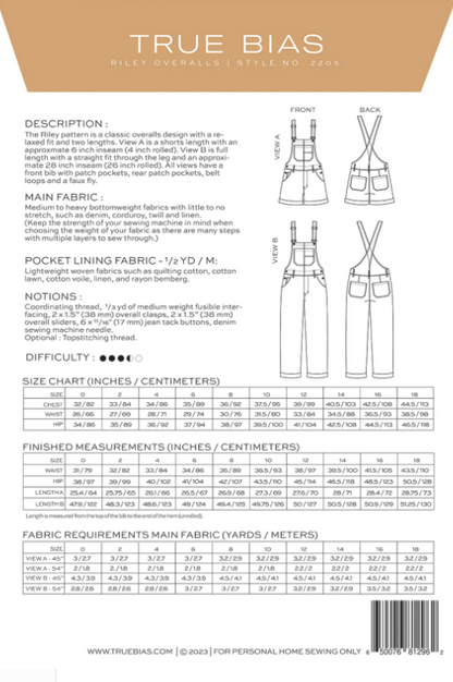 Riley Overall Pattern Sizes 0-14