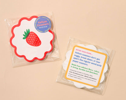 Letterpress Reusable Vellum Coasters—Strawberry (Fruit, Red)