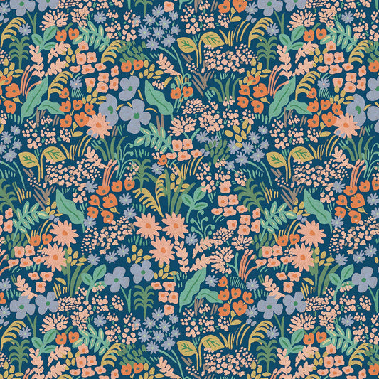 Florals in Blue Unbleached Canvas Metallic Fabric